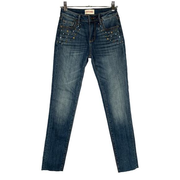 Driftwood Jackie Studded Jeans Mid Rise SIZE 24 x 28 Stretch Faded Raw Hem Denim - Picture 1 of 11